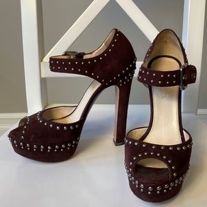 Prada Burgundy Purple Studded Suede Platform Leather Pumps Heels Mary Jane 36